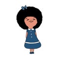 Vector portrait of a cute little girl with curly black hair, dressed in a blue dress and a bow on her hair. Happy child