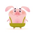 Vector portrait of cute smiling little pig character in green pants in flat cartoon style standing on white background.