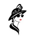 Vector portrait of elegant woman wearing retro style hat with feathers and sunglasses Royalty Free Stock Photo