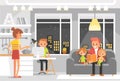 Vector portrait of full family at home at week end in house interior.