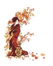 Vector portrait of japanese geisha by the vase with autumn season maple tree branches border Royalty Free Stock Photo