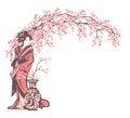 vector portrait of japanese geisha by the vase with blooming cherry tree branches forming arch decor
