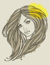 Vector portrait of long haired girl with flower.