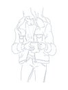 Vector portrait of long haired young beautiful girl in jacket jeans holding mug