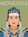 Vector portrait of a Mongol woman in festive national clothes.Illustration in a flat style Royalty Free Stock Photo