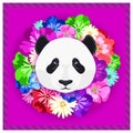 Vector portrait of a panda among the flowers. Beautiful, bright colors. Flower frame, rim. Symmetrical portraits of animals.