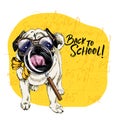 Vector portrait of Pug or Bulldog dog with magnifying glass and big nose reflection. Back to school illustration. Math