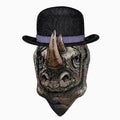 Vector portrait of rhinoceros, rhino. Wild african animal. Bowler hat.