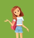 Vector portrait of smiling cartoon teenage girl in jeans shorts.