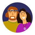 Vector portrait of smiling hippie man and woman in a circle