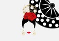 Vector Portrait of traditional Latin or Spanish woman dancer , Lady with gold accessories peineta, earrings and red flower , FAN