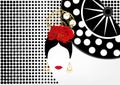 Vector Portrait of traditional Latin or Spanish woman dancer , Lady with gold accessories peineta, earrings and red flower , FAN Royalty Free Stock Photo
