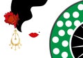 Vector Portrait of traditional Latin or Spanish woman dancer , Lady with gold accessories earrings and red flower , FAN