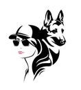 Vector portrait of woman dog trainer wearing sunglasses and baseball cap with her shepherd dog Royalty Free Stock Photo
