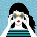 Vector portrait of woman looking through binoculars Royalty Free Stock Photo