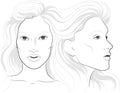 Vector portrait of a woman`s profile and full face with long beautiful hair, facechart, face chart for makeup Royalty Free Stock Photo