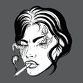 Vector portrait of young woman with cigarette made in hand sketched style. Royalty Free Stock Photo