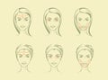 Vector portrait of young woman with massage lines, face massage layout