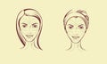 Vector portrait of young woman with massage lines, face massage layout