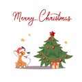 Vector postcard corgi in a santa claus hat, next to a christmas tree, and a gift. The inscription Merry Christmas and New Years il