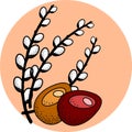 Vector postcard for Easter, willow twigs and painted eggs Royalty Free Stock Photo