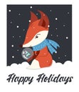 Vector Postcard With A Fox With A Snow Globe. Greeting Card With An Inscription Happy Holidays