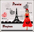 Vector Postcard with France Image. Frenchwoman