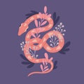 Vector postcard with a pink tracery snake with herbs and stems with foliage on a purple background. Flat postcard with a serpent