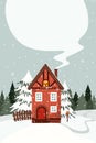 Vector postcard with a winter landscape with a Christmas cozy house in a snowy forest, a nearby mailbox and smoke from a