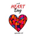 Vector poster of abstract stylized colored heart in zen art, doodle style with text World Heart Day, 29th september