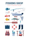 Vector poster with advertise fishing shop sale fishing equipment for catch fish.
