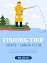 Vector poster with advertise of fishing trip, sport fishing club and big catch