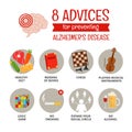 A vector poster of 8 advices for preventing Alzheimer`s.