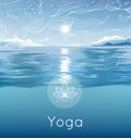 Vector poster with blue sky, ocean, sun, hand drawn pattern, lotus and text for yoga retreat, fitness studio Royalty Free Stock Photo