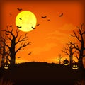 Spooky orange night background with full moon, clouds, bats, bare trees and pumpkins. Royalty Free Stock Photo