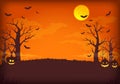 Spooky orange and purple night background with full moon, clouds, bats, trees and pumpkins. Royalty Free Stock Photo