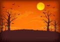 Spooky orange and purple night background with full moon, clouds,bats and trees.