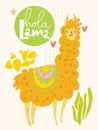 Vector poster or card with cute cartoon lama and cacti