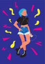 Vector poster Carefree Youth. The girl listens to music in a player. Flat illustration for festival of popular music.