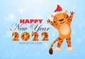 Vector poster with cartoon tiger. Happy Chinese New Year 2022. Cartoon cute happy tiger with words 2022. Year of the