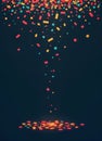 a vector poster with colorful confetti and streamers falling from the top of dark background Royalty Free Stock Photo