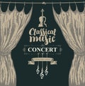 Classical music poster with violin and curtains