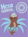 Vector poster design with cute carnival bear in bright modern costume. Kids art decoration in flat style. Design element for carni