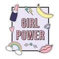 Vector poster `Girl Power` with cute fashion patch badges: lips, rainbow, star, diamond, lipstick
