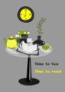 Vector poster of Glass table with books and tea pot and cup on it. Time to tea time ti read guote Royalty Free Stock Photo