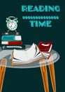 Vector poster of Glass table with books and tea pot and cup on it. Time to tea time ti read guote