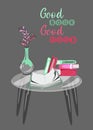 Vector poster of Glass table with books and vase with flowers on it. Good book good mood guote