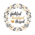 Vector poster with Grateful, Thankful, Blessed lettering in floral frame.