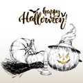 Vector poster greeting card for Halloween. Pumpkin wearing the witch hat. Vintage hand drawn illustration. Royalty Free Stock Photo