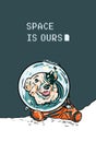 Vector poster with hand drawn dog in space suite. Funny puppy in orange jumpsuit for postcard, flyer